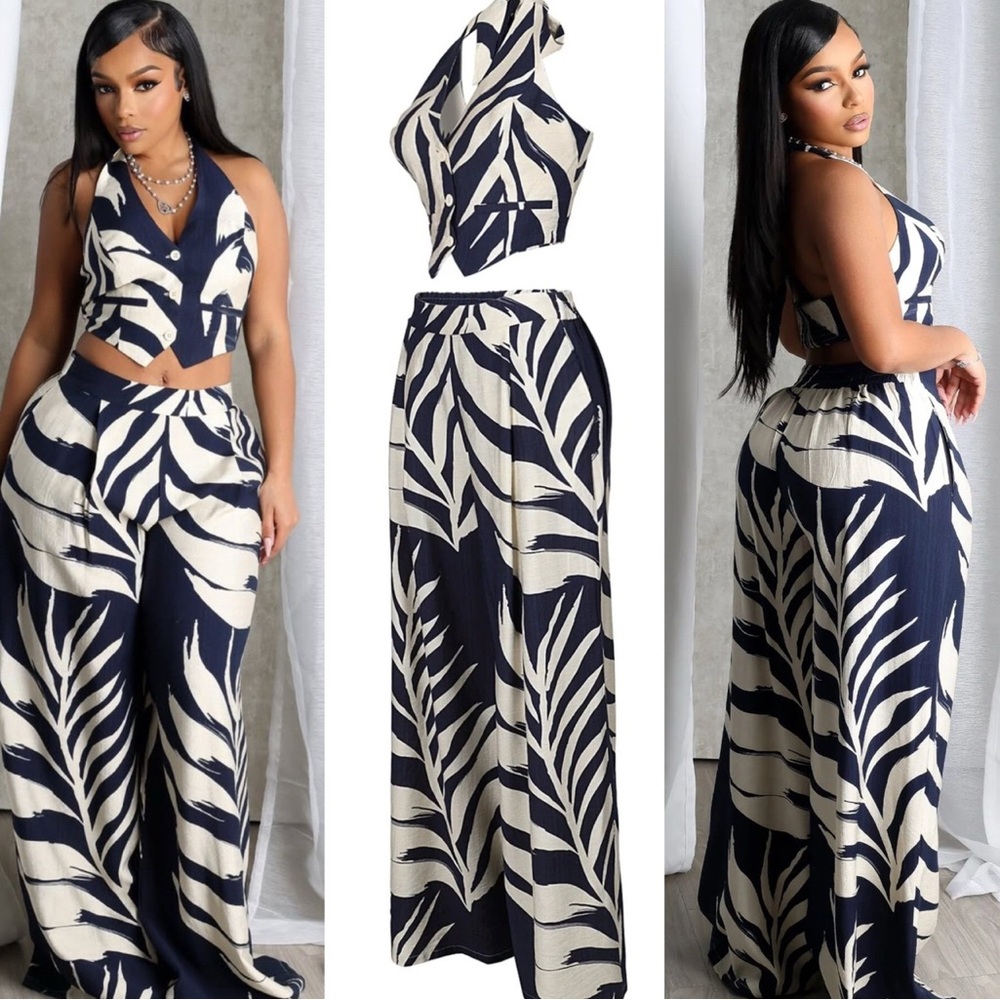 Navy and White Leaf Print Halter Top and Wide-Leg Pants Set